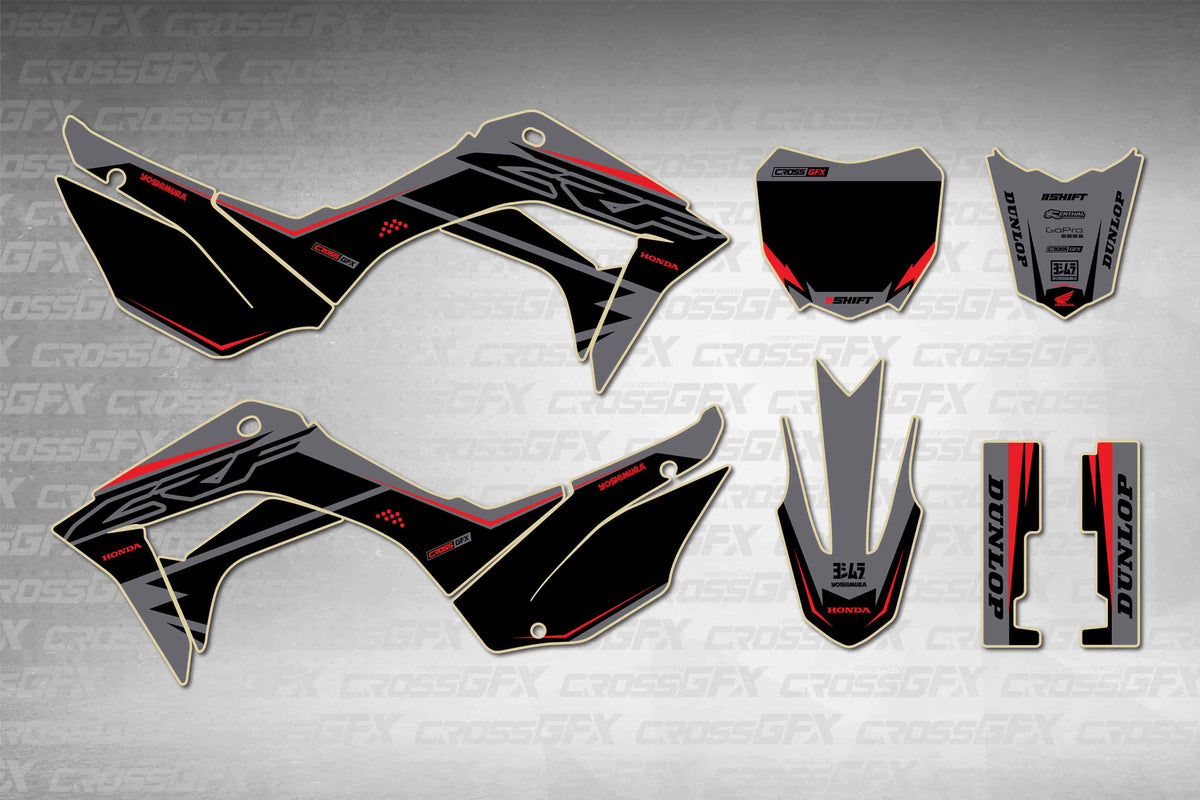 Graphics for Honda CRF 110F 2019-2026 - Surge Grey - flat layout showing all decal pieces included