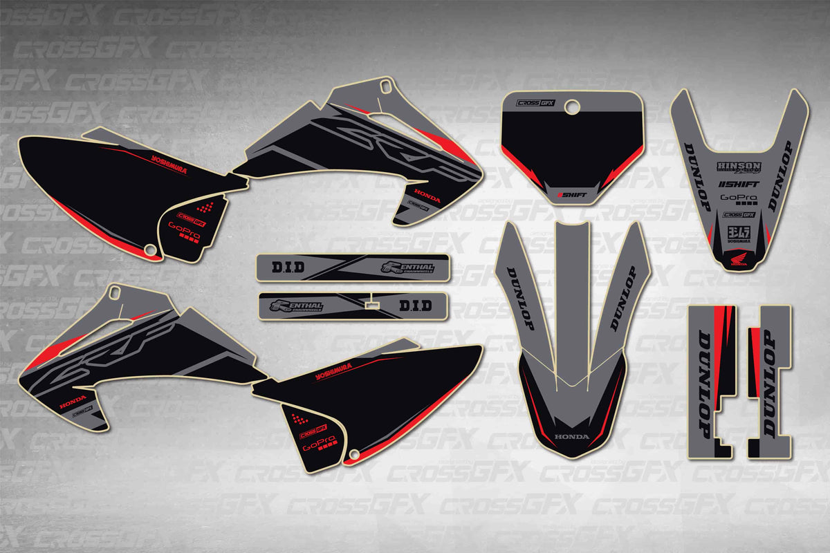 Honda CRF 230F 2003-2007 Surge Grey graphics kit - flat layout showing all decal pieces included
