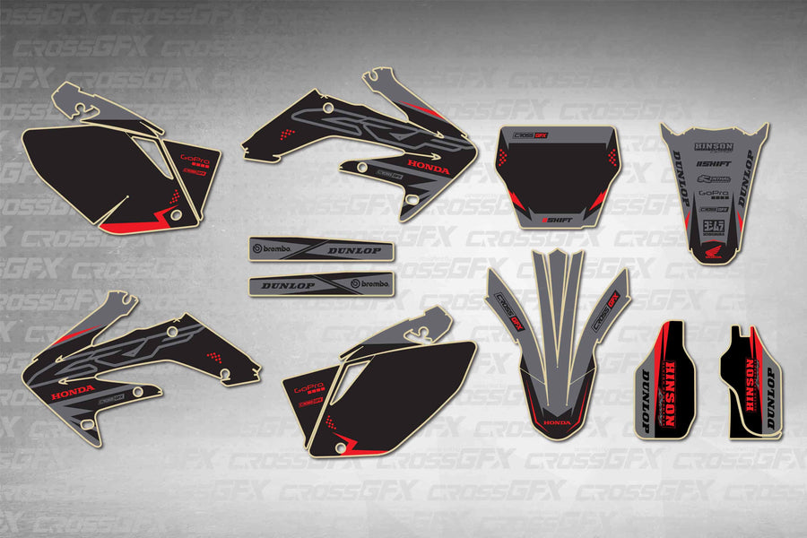 Honda CRF 250R 2004-2005 Surge Grey graphics kit - flat layout showing all decal pieces included