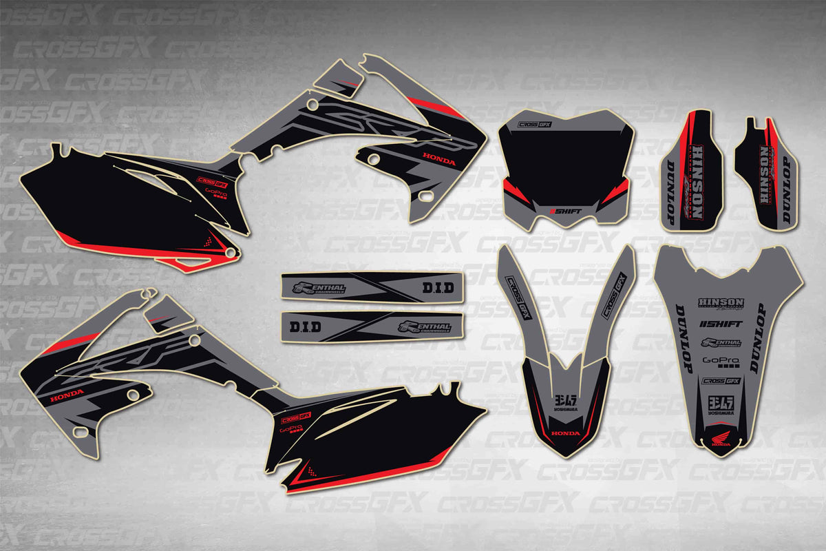Honda CRF 250R 2010-2013 Surge Grey graphics kit - flat layout showing all decal pieces included