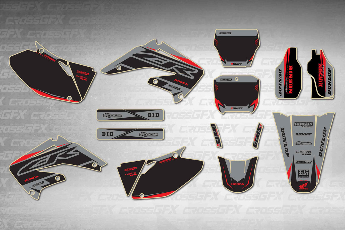 Honda CRF 450R 2002-2004 Surge Grey graphics kit - flat layout showing all decal pieces included