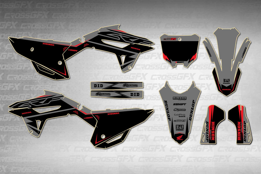 Honda CRF 450R 2021-2024 Surge Grey graphics kit - flat layout showing all decal pieces included