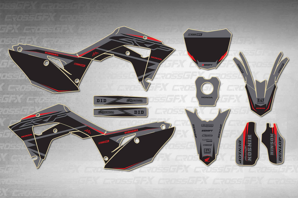 Honda CRF 450RX 2017-2018 Surge Grey graphics kit - flat layout showing all decal pieces included