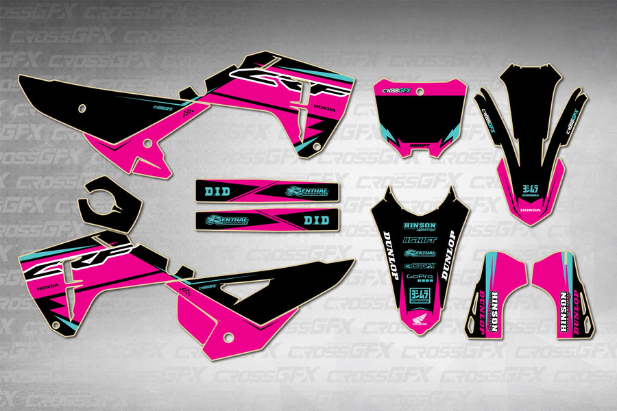 Honda CRF 250R 2025-2026 Surge Pink graphics kit - flat layout showing all decal pieces included
