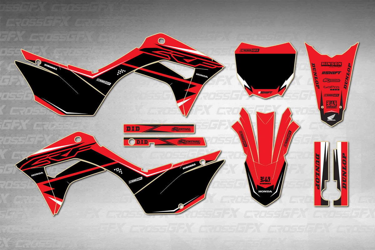 Honda CRF 125F 2019-2026 Surge Red graphics kit - flat layout showing all decal pieces included