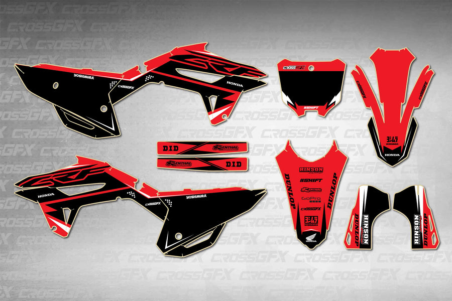 Honda CRF 250R 2022-2024 Surge Red graphics kit - flat layout showing all decal pieces included