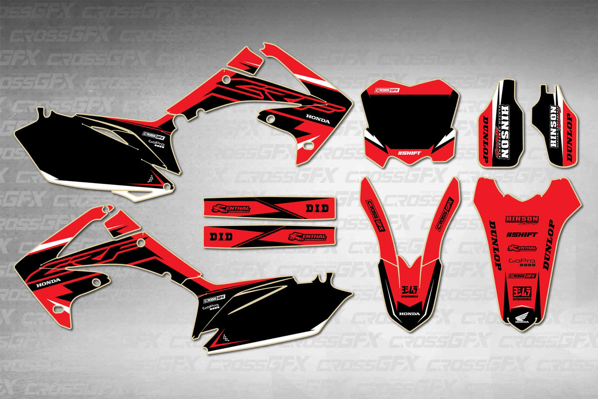 Honda CRF 450R 2009-2012 Surge Red graphics kit - flat layout showing all decal pieces included