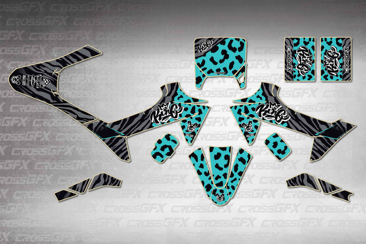 KTM SX-E 2 2024-2026 Panther Teal graphics kit - flat layout showing all decal pieces included