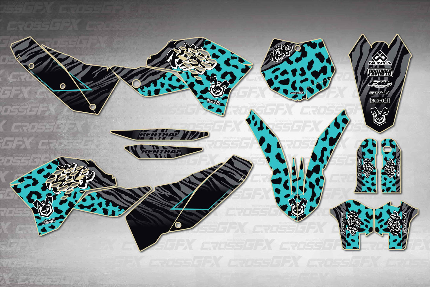 KTM XC-F 2008-2010 Panther Teal graphics kit - flat layout showing all decal pieces included