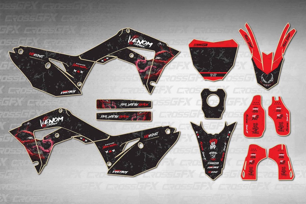 Honda CRF 250R 2018-2021 Venom Black graphics kit - flat layout showing all decal pieces included