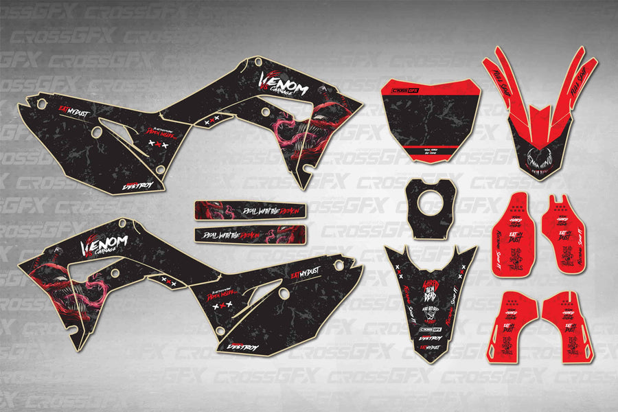 Honda CRF 250R 2018-2021 Venom Black graphics kit - flat layout showing all decal pieces included