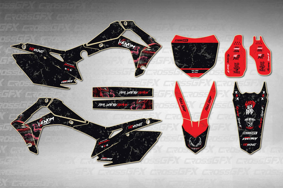 Honda CRF 450R 2013-2016 Venom Black graphics kit - flat layout showing all decal pieces included