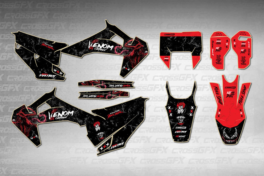 Husqvarna FE 2020-2023 Venom Black graphics kit - flat layout showing all decal pieces included