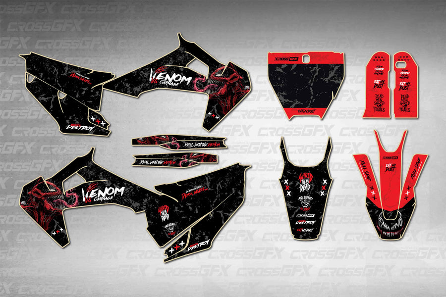 Husqvarna FS 450 2019-2022 Venom Black graphics kit - flat layout showing all decal pieces included