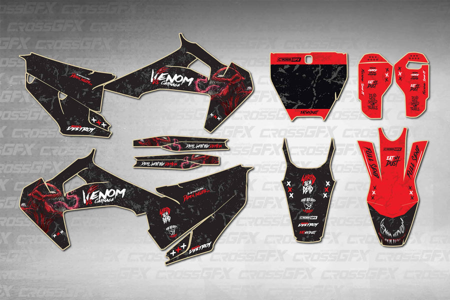 Husqvarna TC 2019-2022 Venom Black graphics kit - flat layout showing all decal pieces included