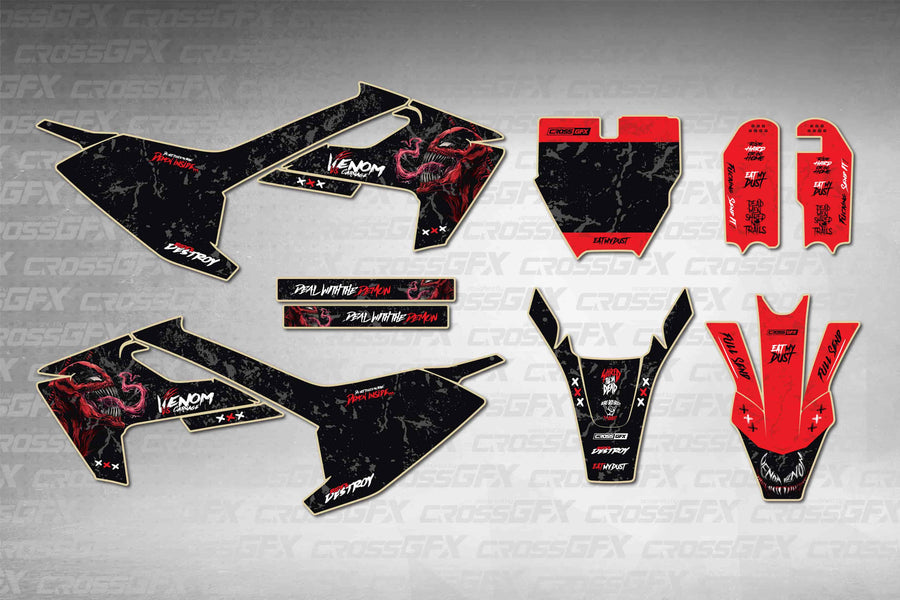 Husqvarna TC 50 2017-2019 Venom Black graphics kit - flat layout showing all decal pieces included