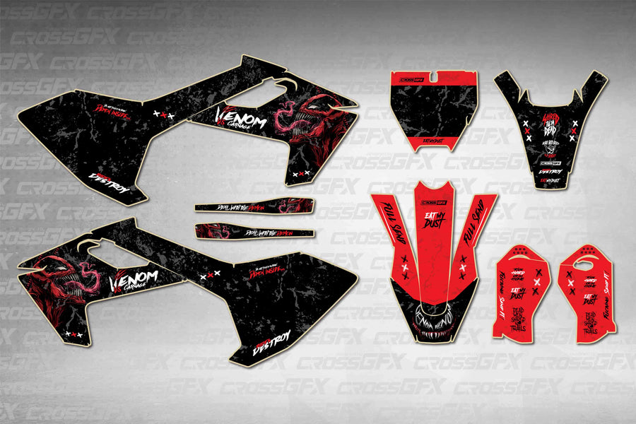 Husqvarna TC 65 2019-2023 Venom Black graphics kit - flat layout showing all decal pieces included