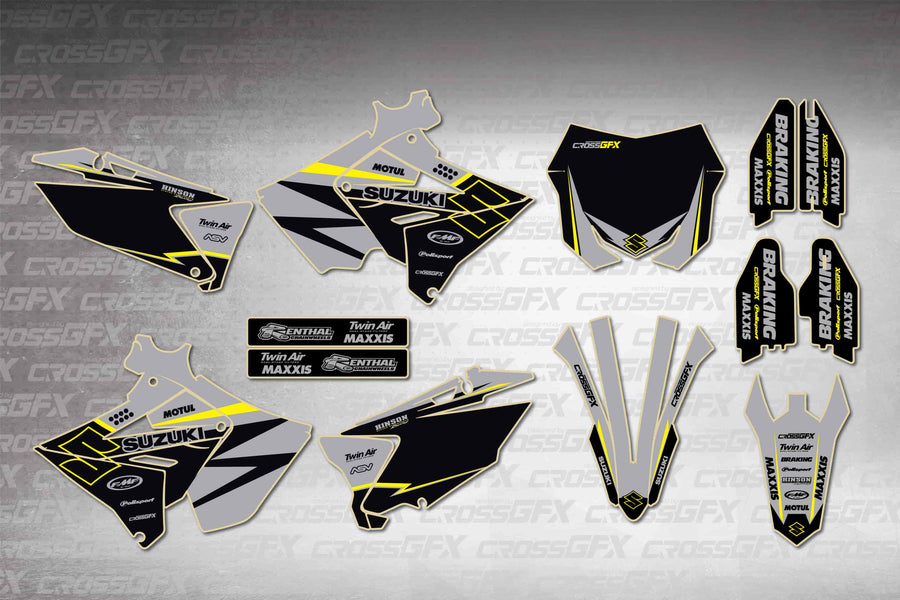 Graphics for Suzuki RM 125 Polisport 2001-2008 - Viper Grey - flat layout showing all decal pieces included