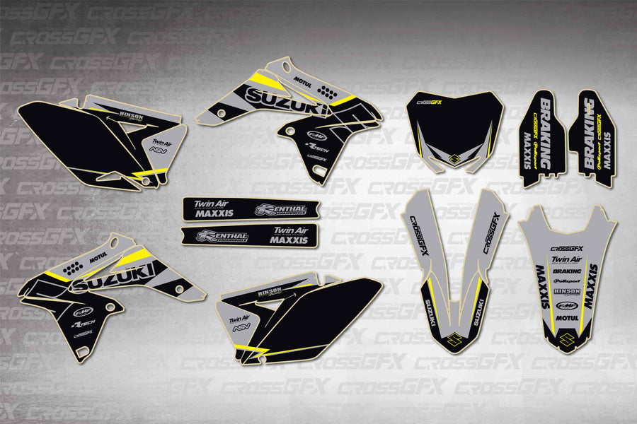 Graphics for Suzuki RMZ 250 2010-2018 - Viper Grey - flat layout showing all decal pieces included