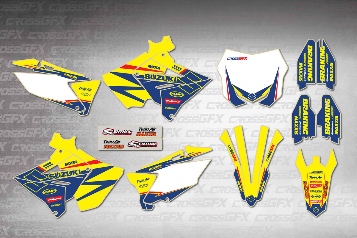 Graphics for Suzuki RM 125 Polisport 2001-2008 - Viper Yellow - flat layout showing all decal pieces included