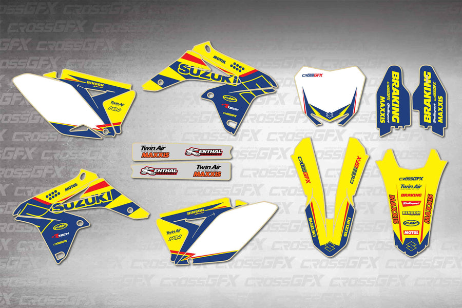 Graphics for Suzuki RMZ 250 2010-2018 - Viper Yellow - flat layout showing all decal pieces included