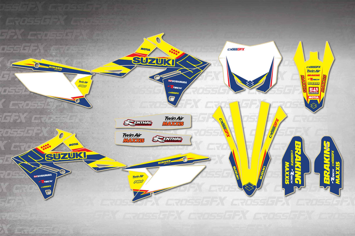 Graphics for Suzuki RMZ 250 2019-2026 - Viper Yellow - flat layout showing all decal pieces included