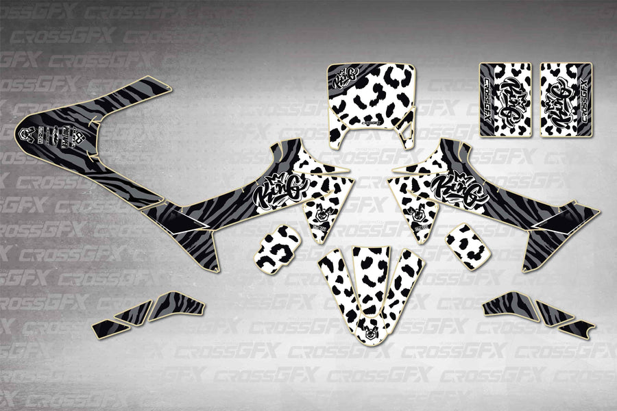 KTM SX-E 2 2024-2026 Panther White graphics kit - flat layout showing all decal pieces included