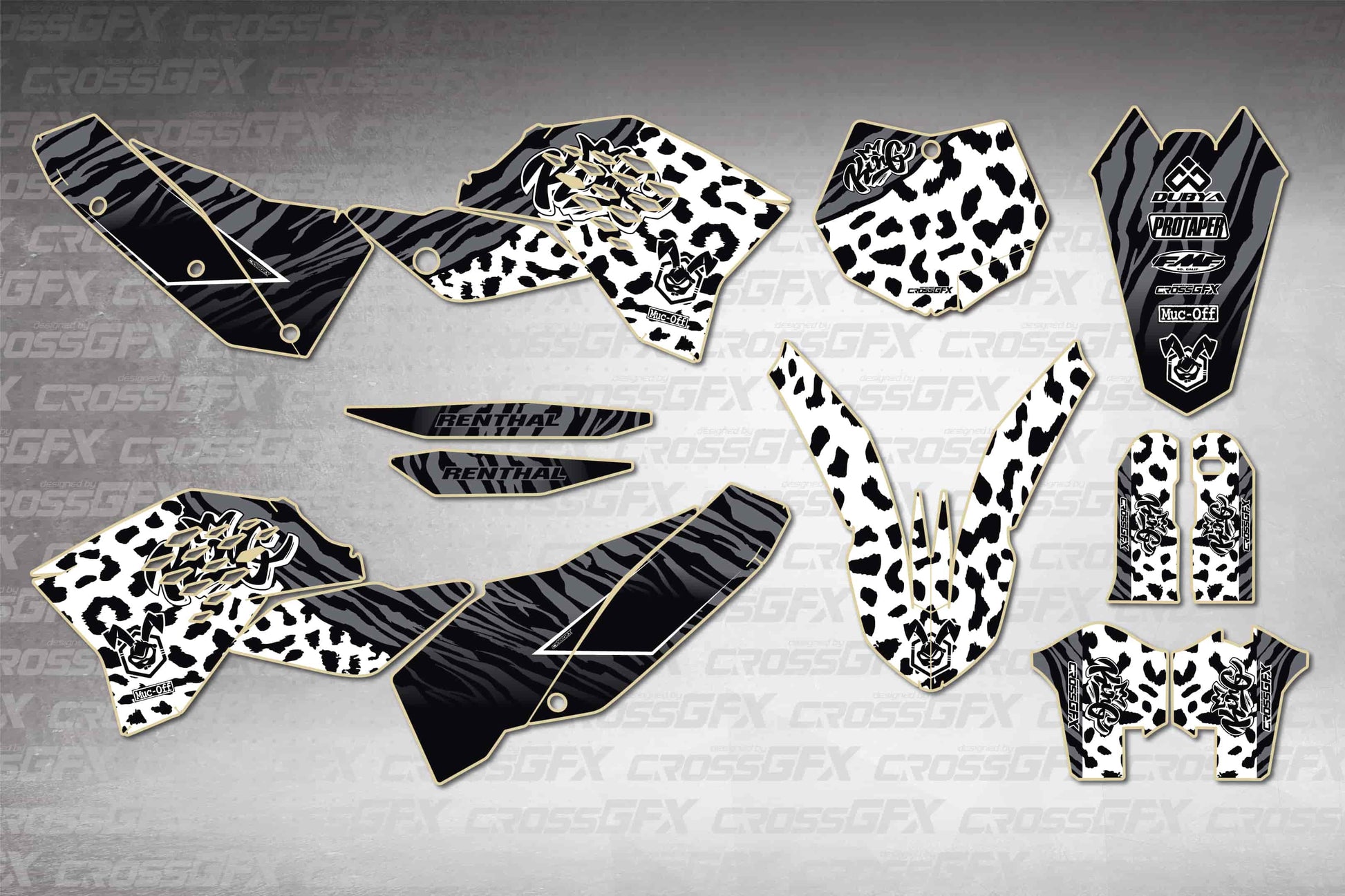 KTM XC 2008-2010 Panther White graphics kit - flat layout showing all decal pieces included
