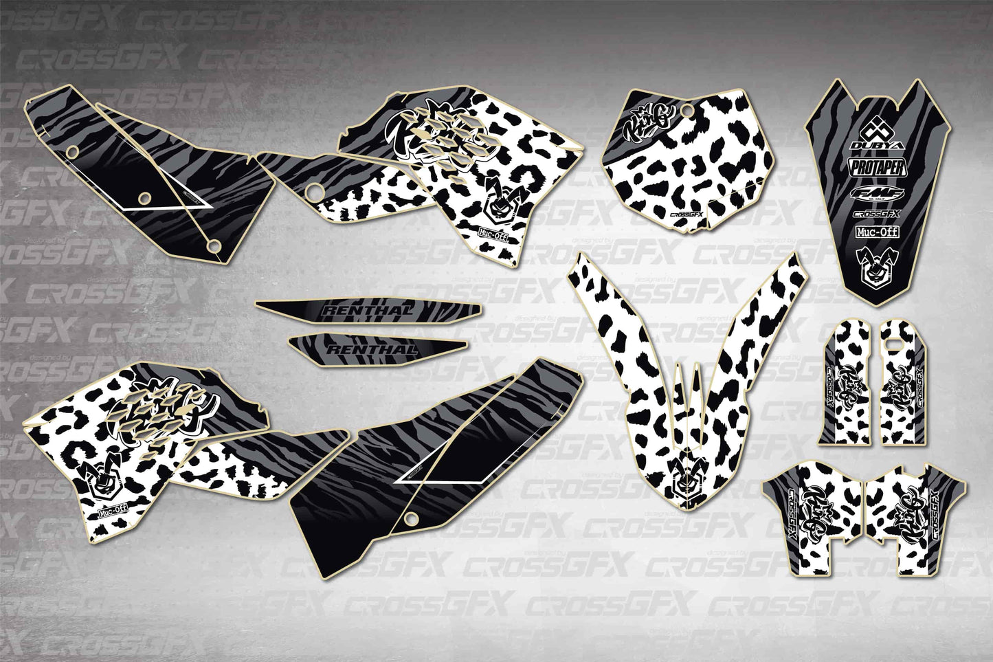 KTM XC-F 2008-2010 Panther White graphics kit - flat layout showing all decal pieces included