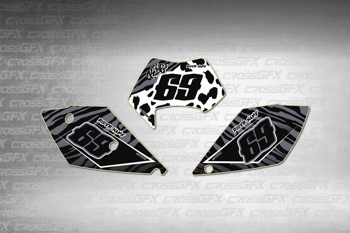 Graphics for KTM EXC 2005-2007 - Panther White number plate decals - flat layout showing all pieces included