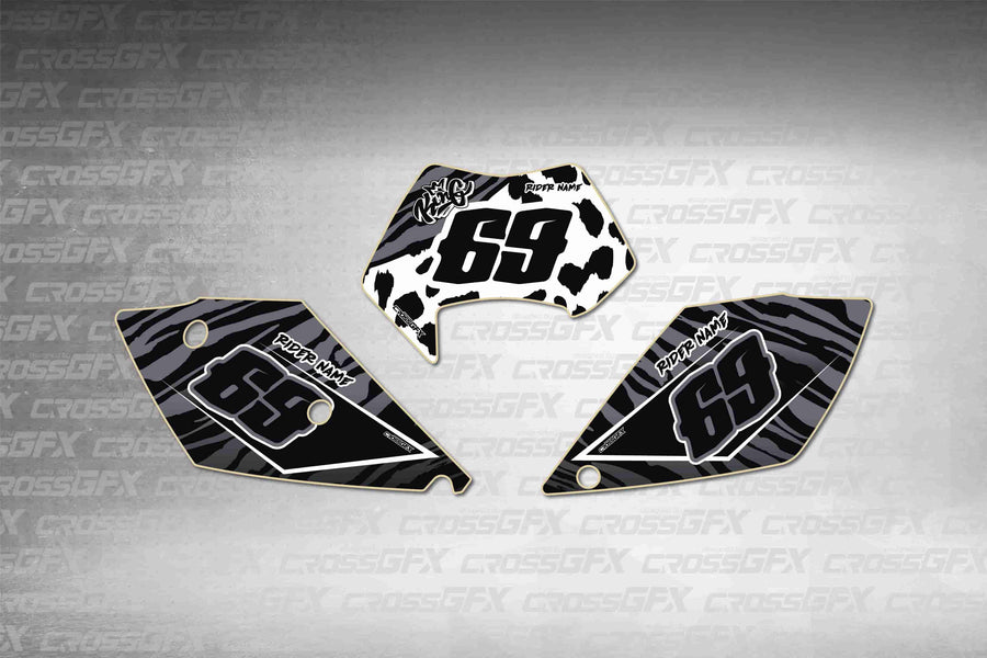 Graphics for KTM EXC 2005-2007 - Panther White number plate decals - flat layout showing all pieces included