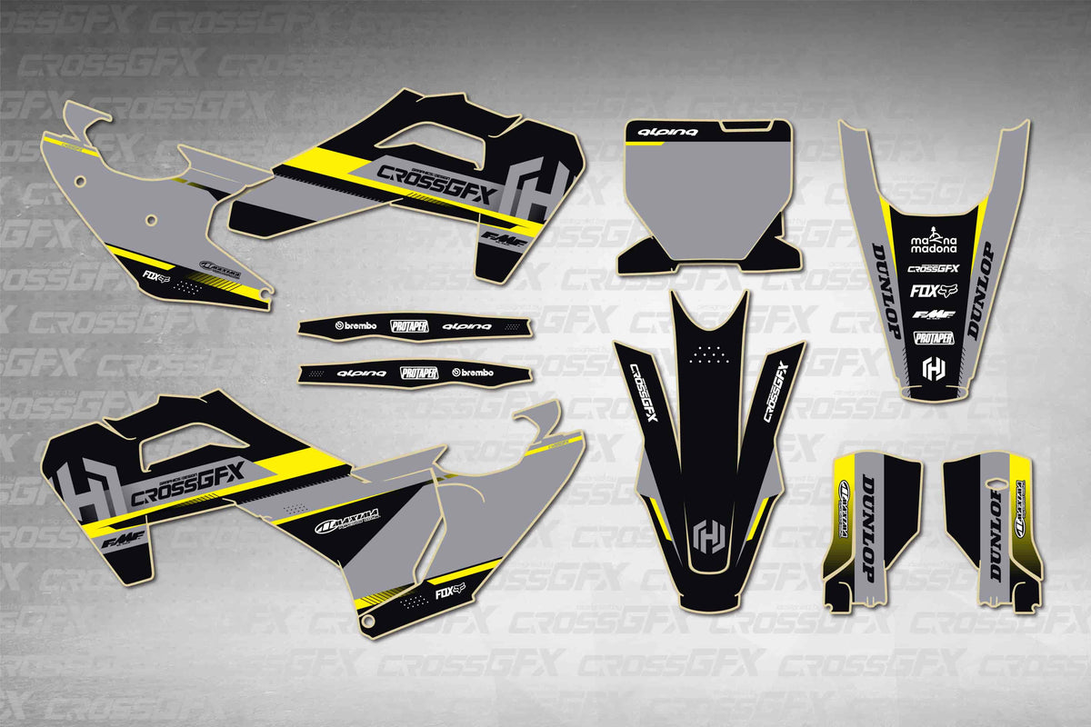 Husqvarna FC 2025-2026 Xcel Black graphics kit - flat layout showing all decal pieces included