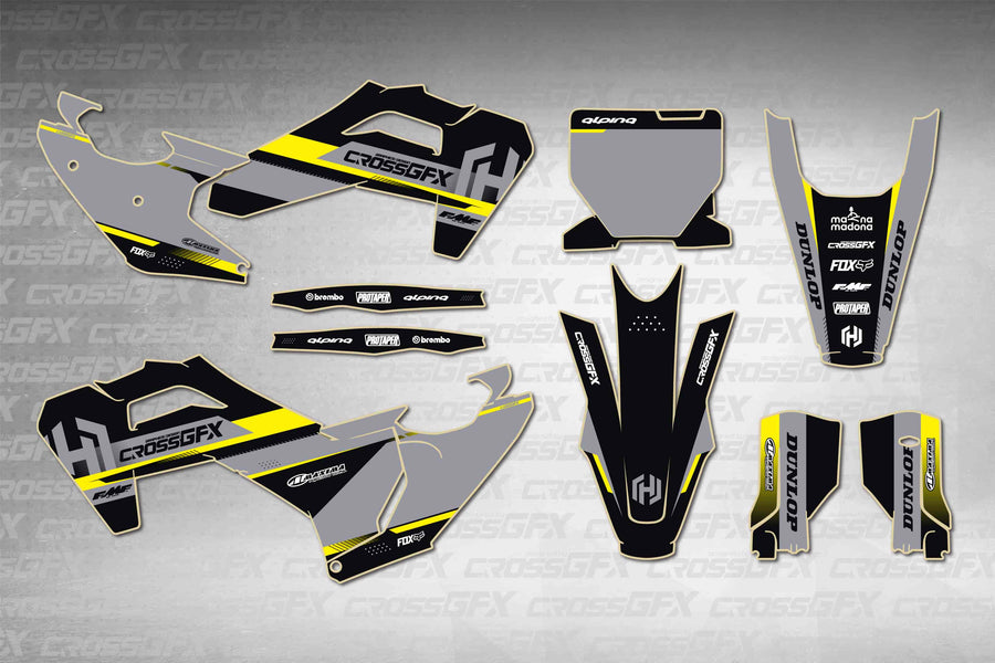 Husqvarna FC 2025-2026 Xcel Black graphics kit - flat layout showing all decal pieces included