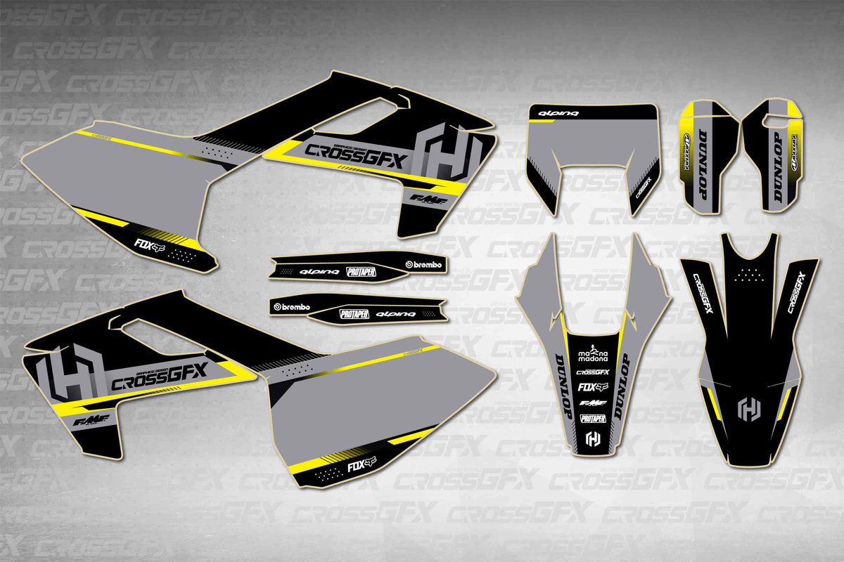 Husqvarna FE 2017-2019 Xcel Black graphics kit - flat layout showing all decal pieces included