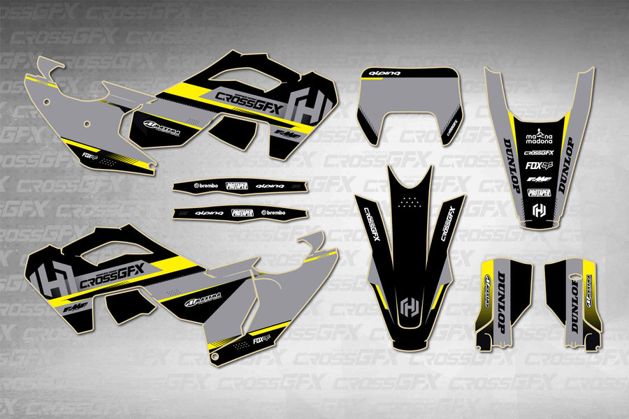 Husqvarna FE 2024-2025 Xcel Black graphics kit - flat layout showing all decal pieces included