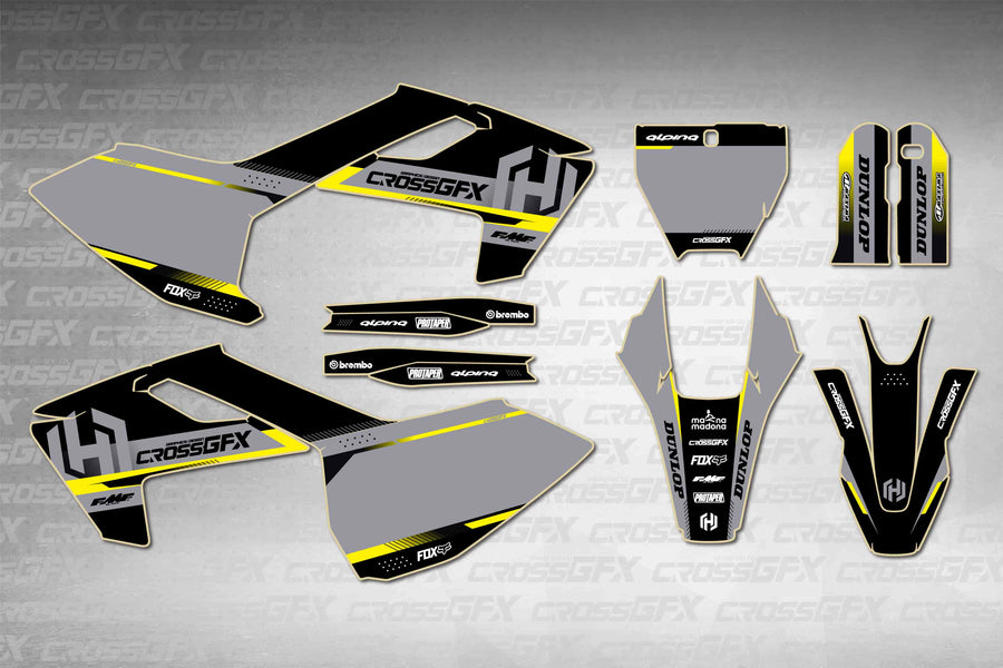 Husqvarna FS 450 2016-2018 Xcel Black graphics kit - flat layout showing all decal pieces included