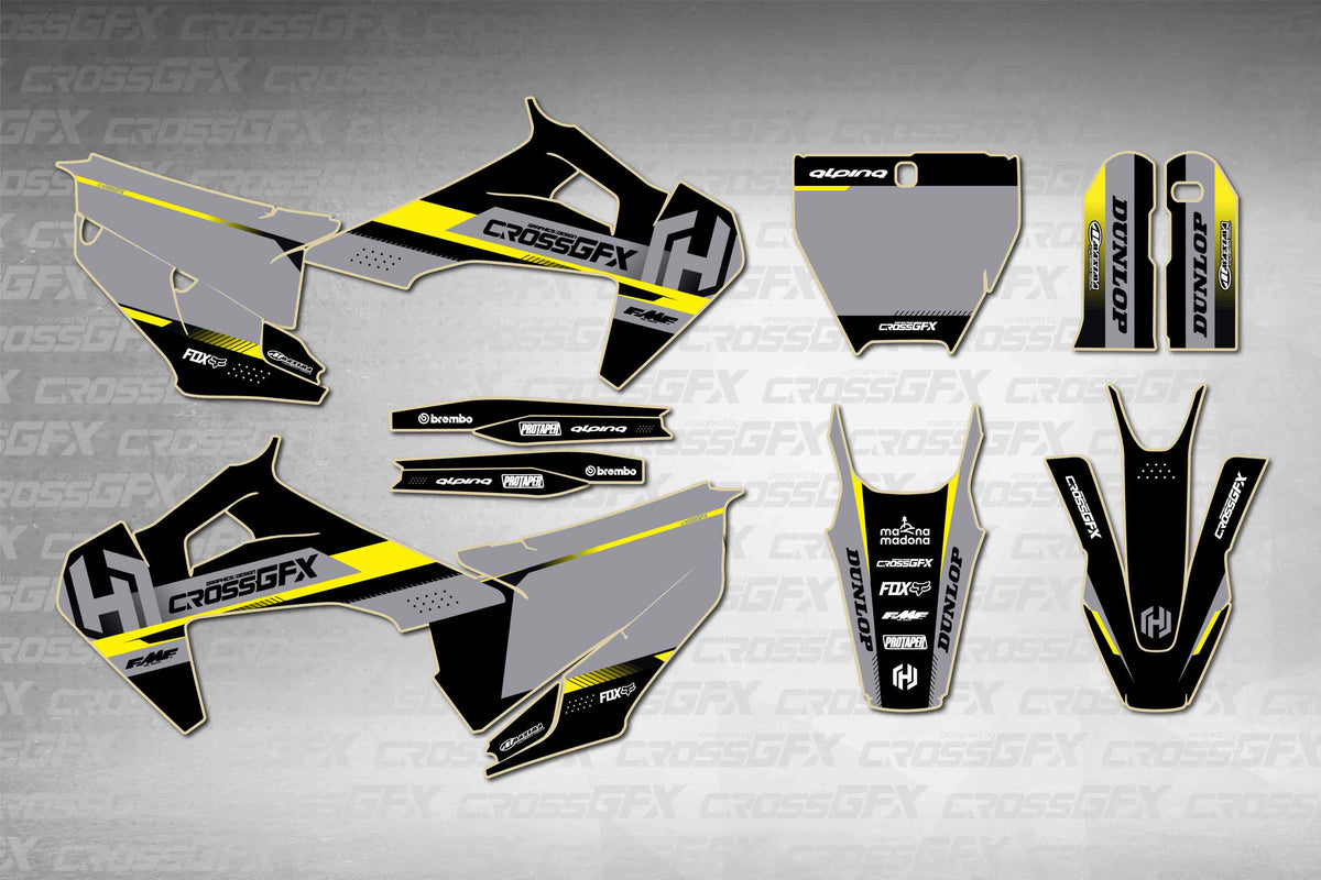 Husqvarna FS 450 2019-2022 Xcel Black graphics kit - flat layout showing all decal pieces included