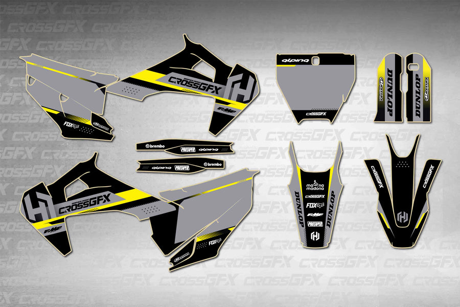 Husqvarna FS 450 2019-2022 Xcel Black graphics kit - flat layout showing all decal pieces included