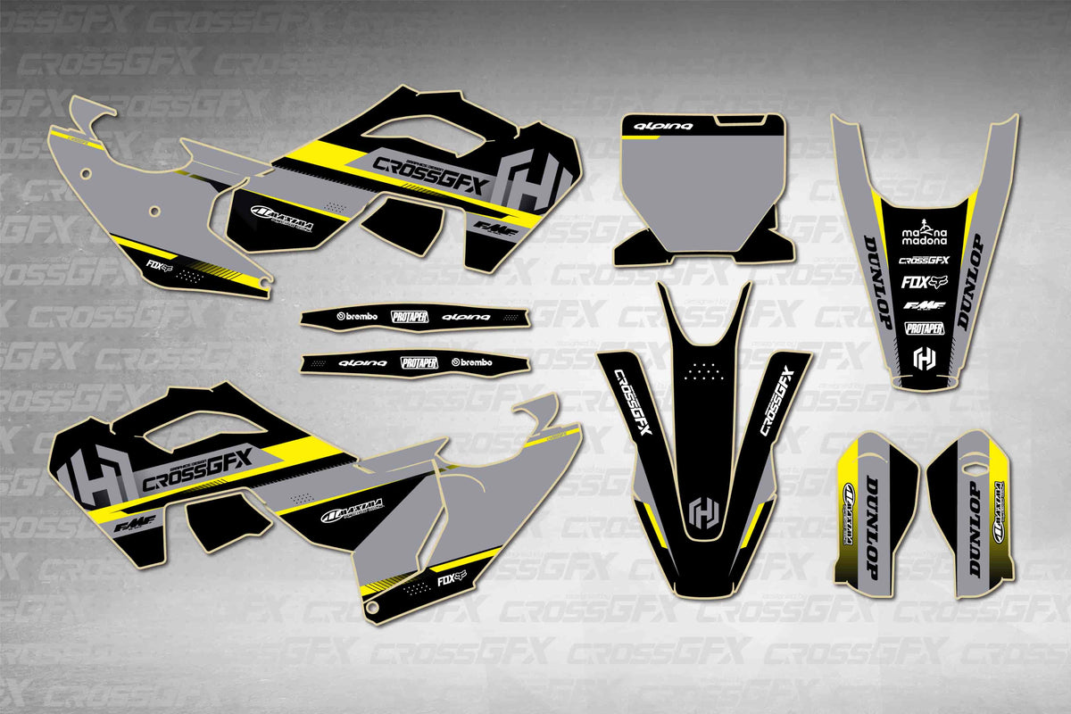 Husqvarna FS 450 2023-2024 Xcel Black graphics kit - flat layout showing all decal pieces included