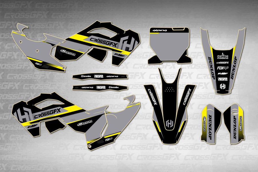 Husqvarna FS 450 2023-2024 Xcel Black graphics kit - flat layout showing all decal pieces included