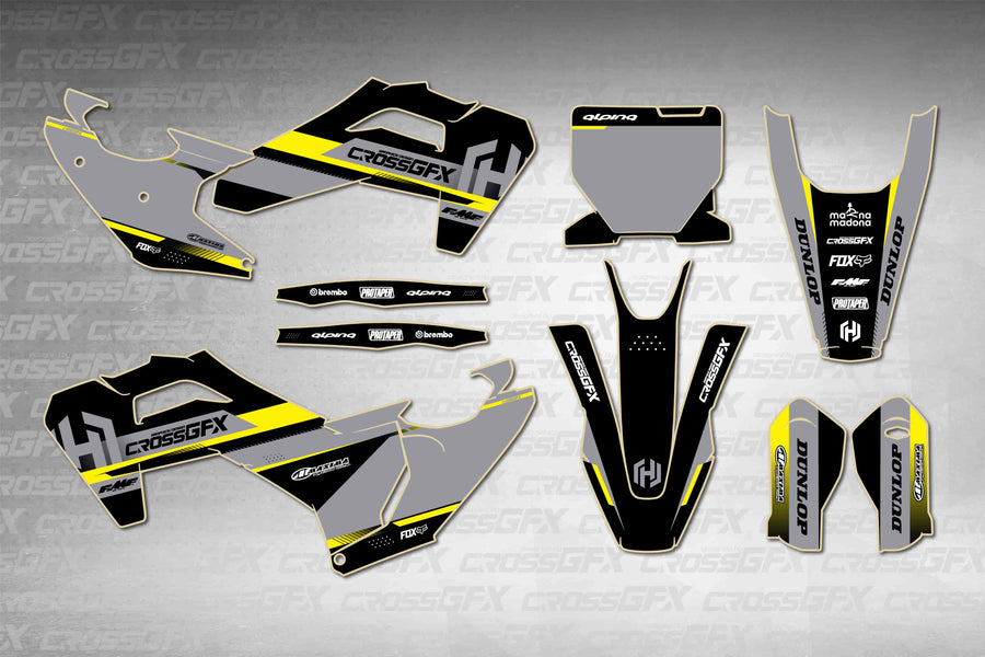 Husqvarna FS 450 2025-2026 Xcel Black graphics kit - flat layout showing all decal pieces included