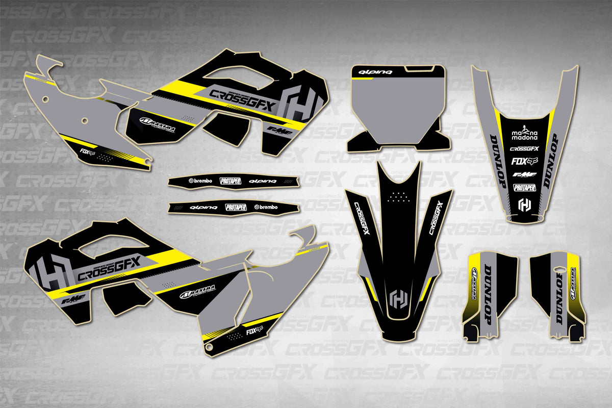 Husqvarna FX 2023-2024 Xcel Black graphics kit - flat layout showing all decal pieces included