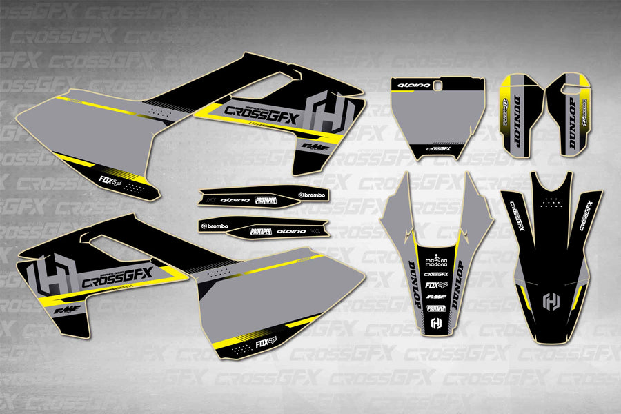 Husqvarna TC 2016-2018 Xcel Black graphics kit - flat layout showing all decal pieces included