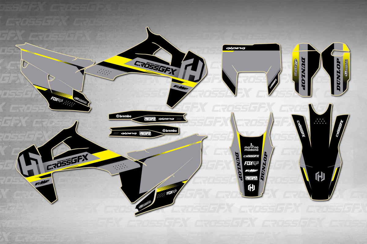 Husqvarna TE 2020-2023 Xcel Black graphics kit - flat layout showing all decal pieces included