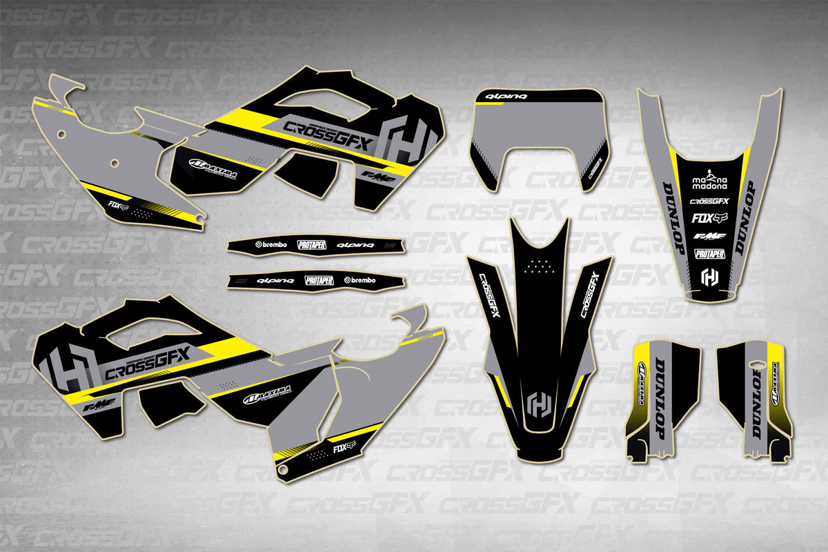 Husqvarna TE 2024-2025 Xcel Black graphics kit - flat layout showing all decal pieces included