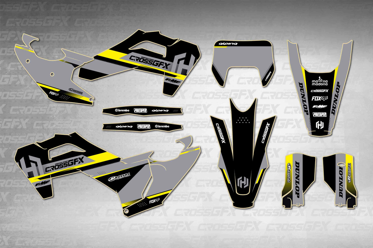 Husqvarna TE 2026 Xcel Black graphics kit - flat layout showing all decal pieces included
