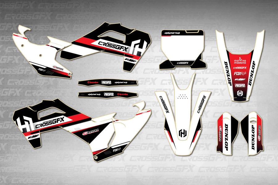 Husqvarna FS 450 2025-2026 Xcel Red graphics kit - flat layout showing all decal pieces included