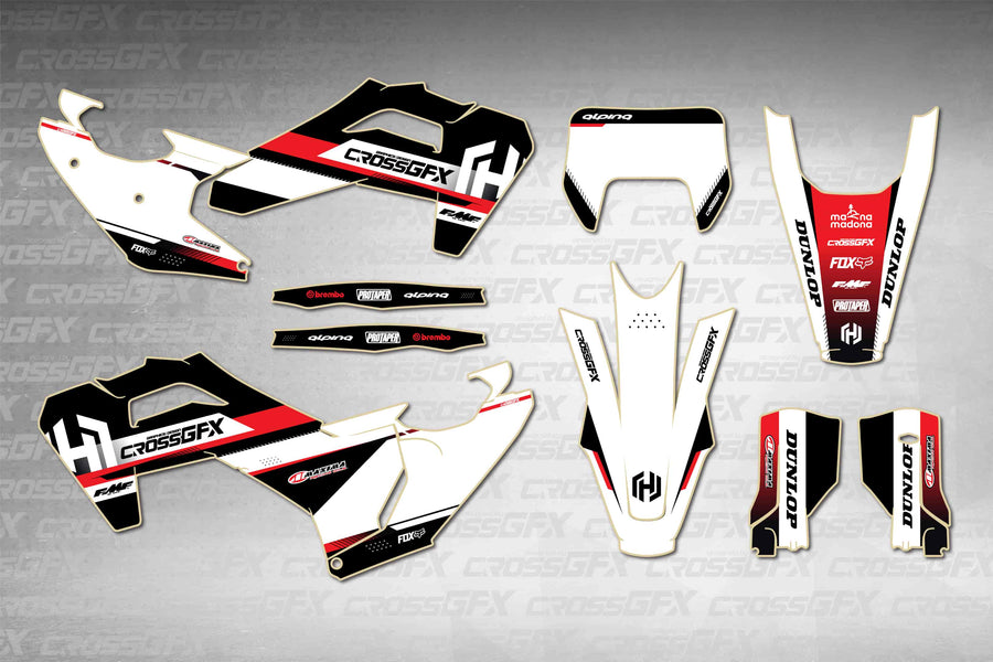 Husqvarna TE 2026 Xcel Red graphics kit - flat layout showing all decal pieces included