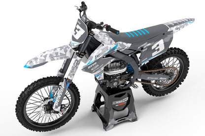 Left side view of the Apache Blue custom decal kit on a Yamaha motorcycle.