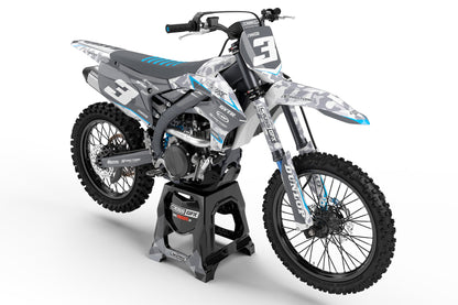 Front view of the Apache Blue motocross graphics kit on a Yamaha dirt bike.